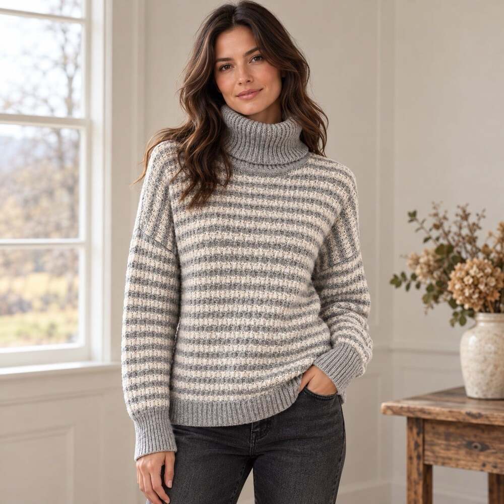 Gap Women’s Merino Wool Blend Chunky Knit Stripe Turtleneck Sweater Gray White M